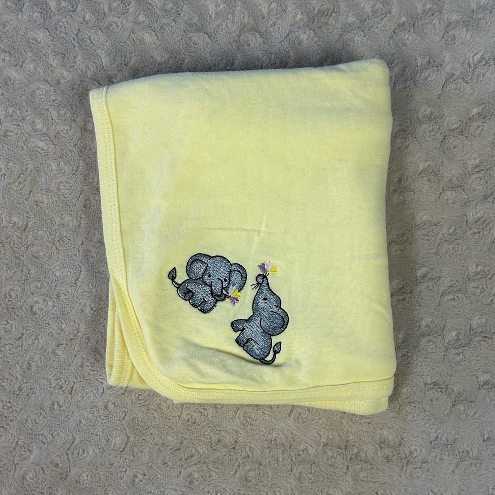 Bambini Yellow Gray Elephants Holding Flowers Baby Blanket Jersey Knit Purple